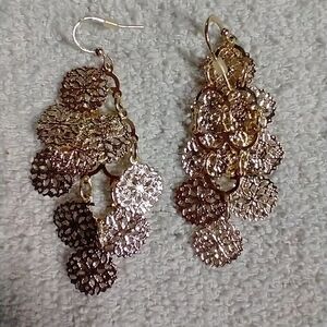 Goldtone dangle wire long filigree earrings